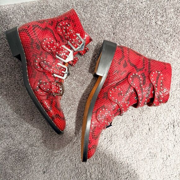 GIVENCHY Calfskin Red Python Embossed Studded Ankle Boots Womens 6.5 36.5 Straps - Picture 4 of 11